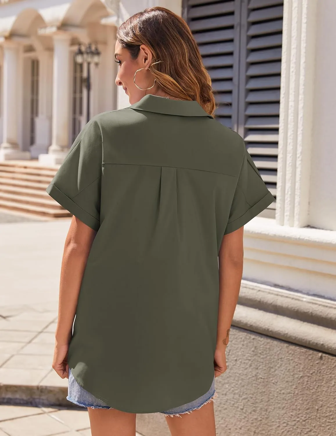 Zeagoo Women's Button Down Shirts Short Sleeve Casual Oversized Shirts Loose Collared V Neck Blouses