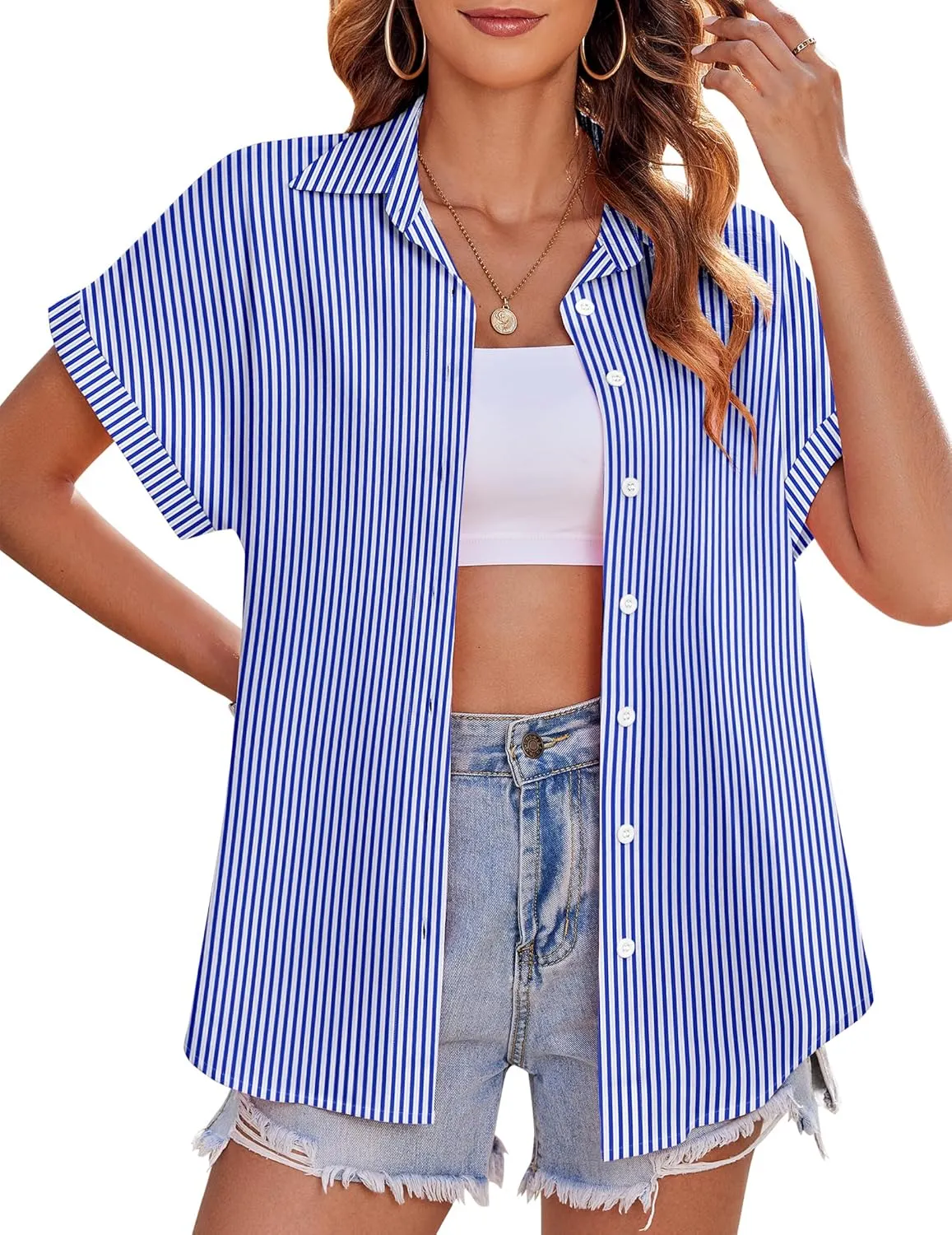 Zeagoo Women's Hawaiian Button Down Shirts Casual Short Sleeve Floral Tropical Print Summer Blouse Tunic Top