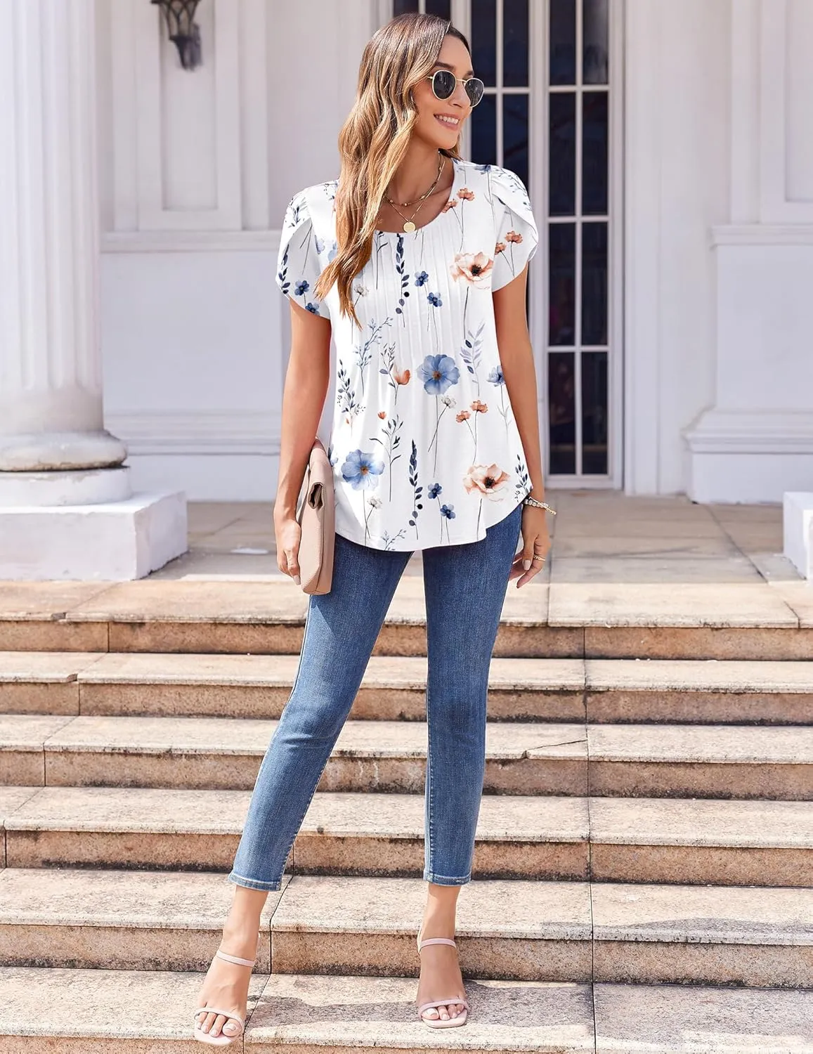 Zeagoo Womens Tops Petal Short Sleeve Summer Casual Crew Neck Shirts Floral Solid Blouse Pleated Tunics