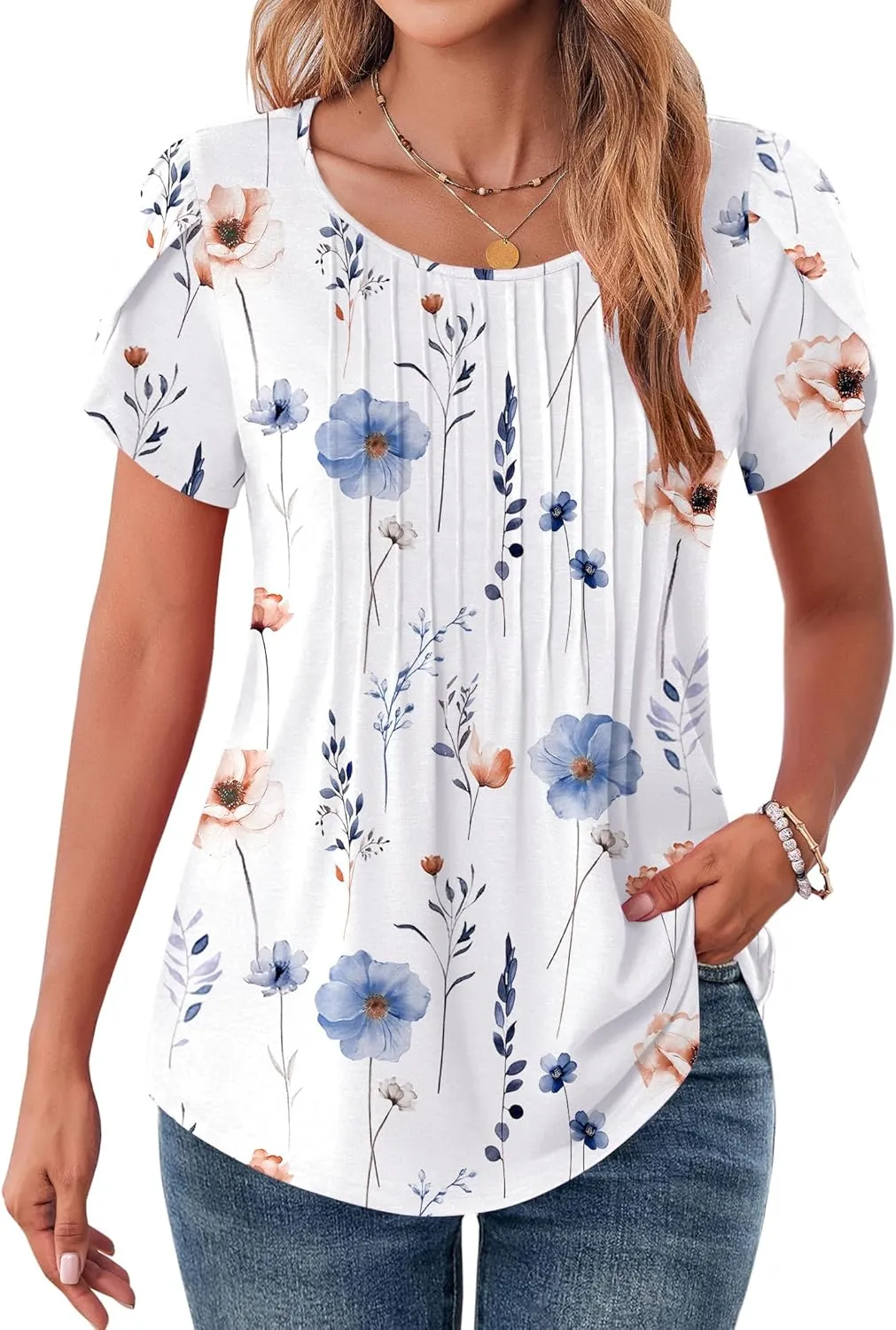 Zeagoo Womens Tops Petal Short Sleeve Summer Casual Crew Neck Shirts Floral Solid Blouse Pleated Tunics