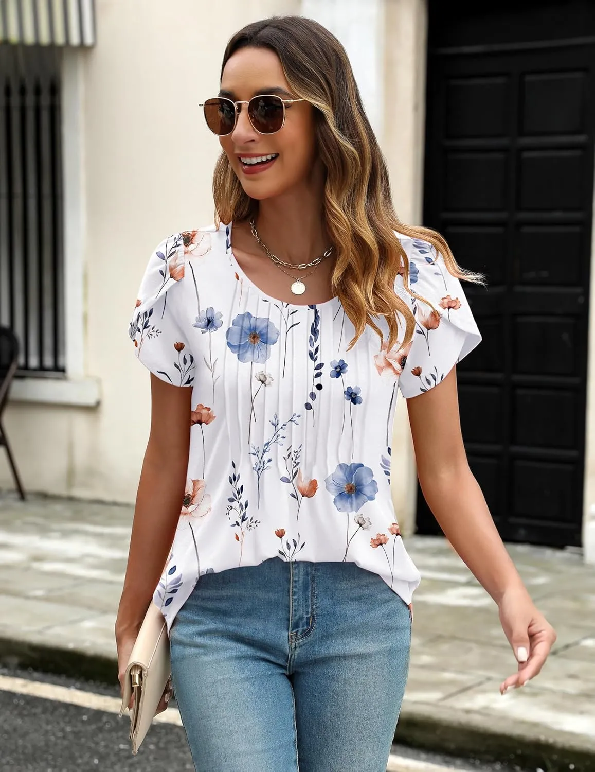 Zeagoo Womens Tops Petal Short Sleeve Summer Casual Crew Neck Shirts Floral Solid Blouse Pleated Tunics