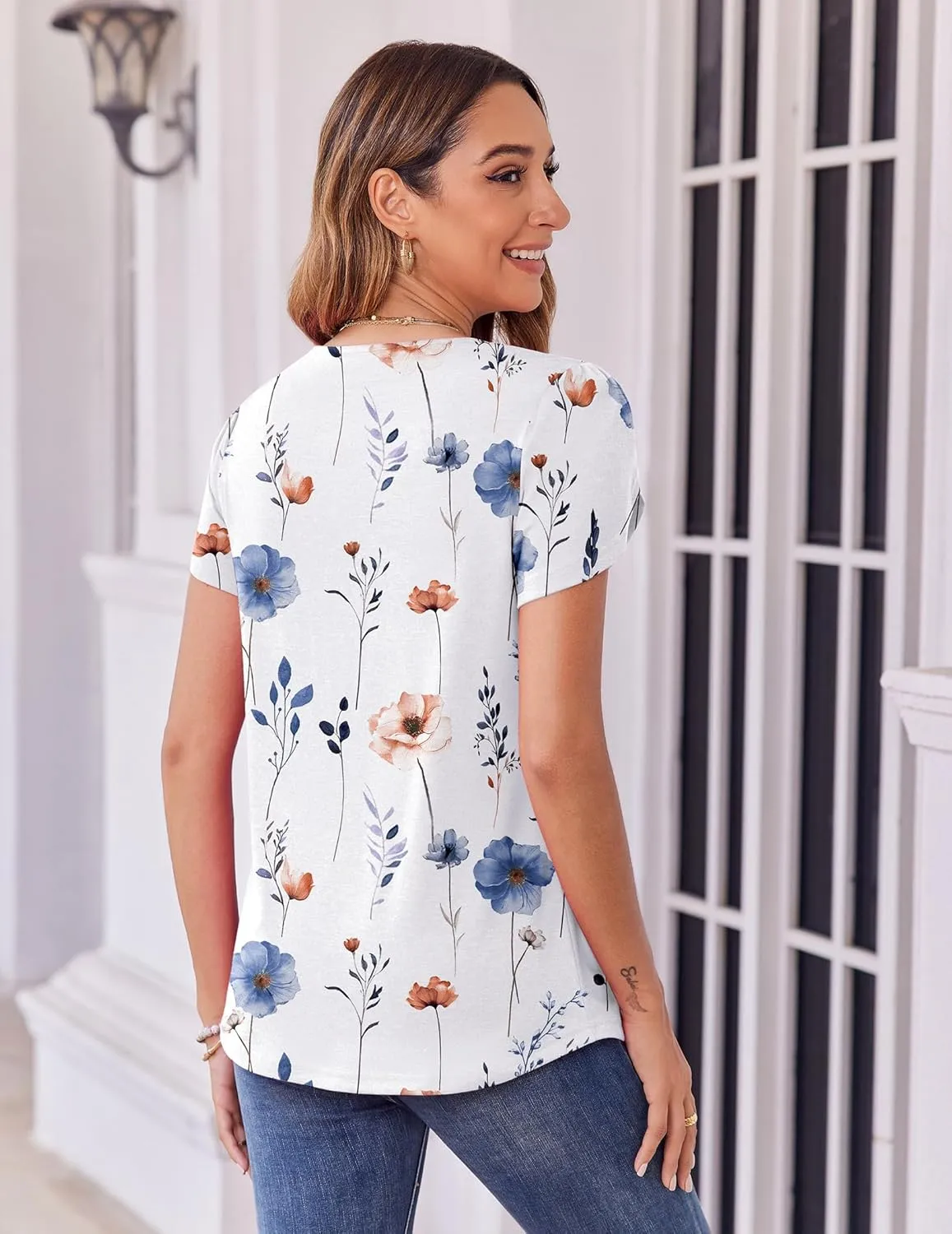 Zeagoo Womens Tops Petal Short Sleeve Summer Casual Crew Neck Shirts Floral Solid Blouse Pleated Tunics