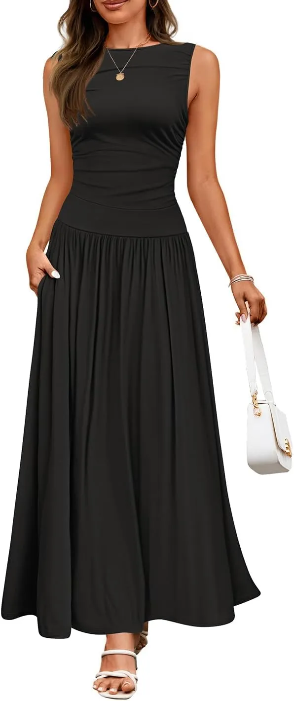 ZESICA Women's Summer Sleeveless Maxi Dress 2025 Casual Crewneck Pleated Flowy Long Dress with Pockets
