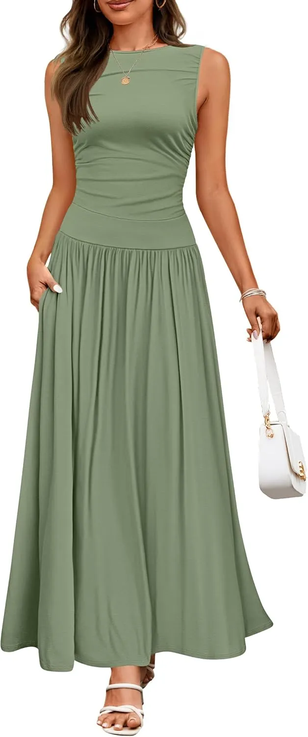 ZESICA Women's Summer Sleeveless Maxi Dress 2025 Casual Crewneck Pleated Flowy Long Dress with Pockets